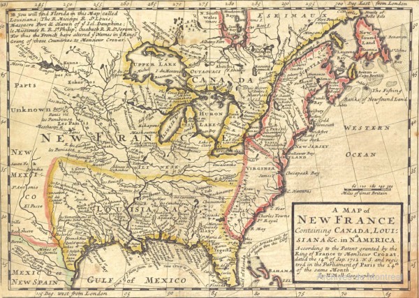 A map of New France containing Canada, Louisiana &c in Nth. America : According to the patent granted by the King of France to Monsieur Crozat, dated the 14th of Sep. 1712, N. S. and registred in the parliament of Paris the 24th of the same month / By H. Moll Geographer . - [ca 1720]. 1 carte : coul., entoilée ; 19 x 26 cm. Archives de la Ville de Montréal. BM7-2_19P002.