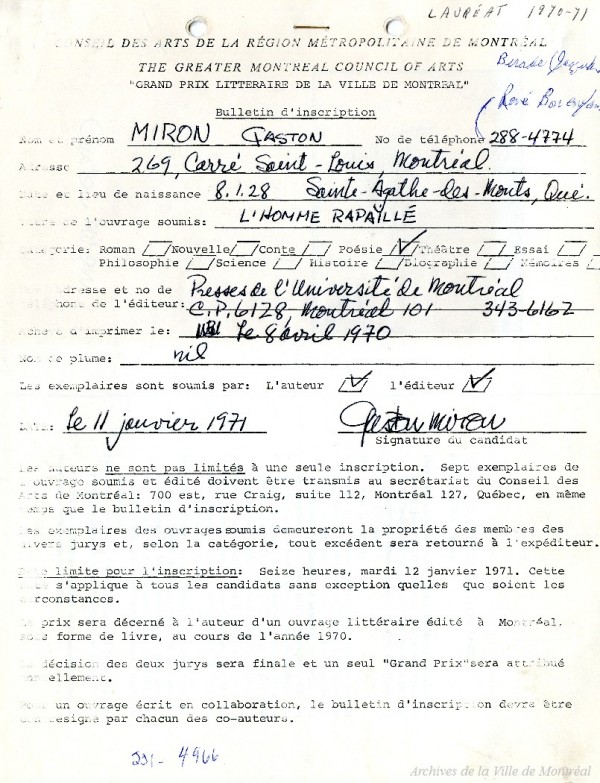 Formulaire d’inscription de Gaston Miron, lauréat du Grand prix de 1971 pour « L’homme rapaillé ». Archives de la Ville de Montréal. CUM006-3-2_06P004