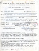 Formulaire d’inscription d’Hubert Aquin, lauréat du Grand prix de 1975 pour « Neige noire ». Archives de la Ville de Montréal. CUM006-3-2_06P007