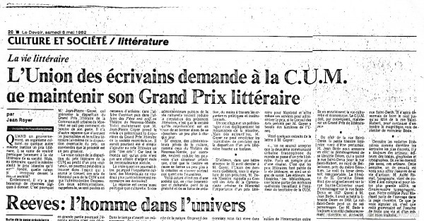 Article du Devoir « L’Union des écrivains demande à la CUM de maintenir son Grand Prix littéraire ». – 6 mai 1982. Archives de la Ville de Montréal. CUM006-4_01P001