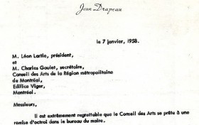 Échange entre Jean Drapeau et Léon Lortie, président du Conseil des arts de la région métropolitaine de Montréal. – 1958. Archives de la Ville de Montréal. VM118-04-01-01_01