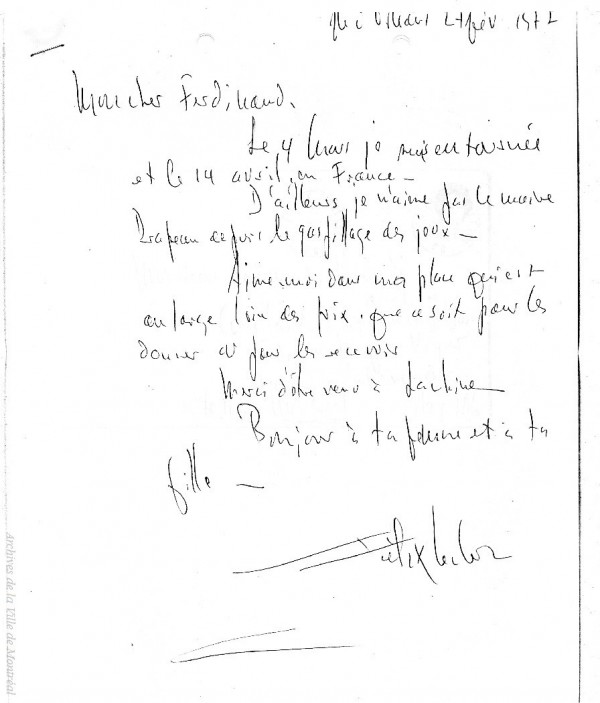 Lettre de Félix Leclerc à Ferdinand F. Biondi, secrétaire du Conseil des arts. – 1976. Archives de la Ville de Montréal. VM118-04-02-02_02P001