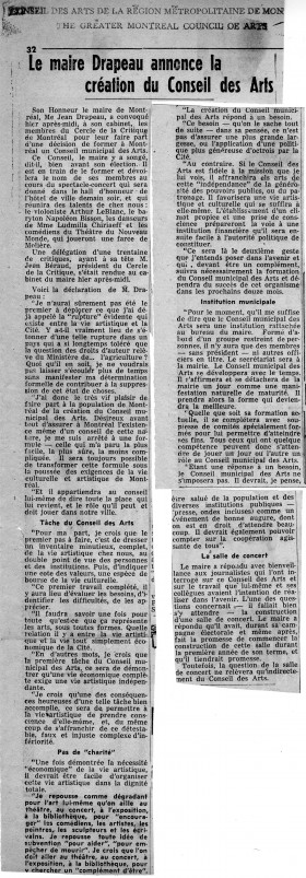 Article « Le maire Drapeau annonce la création du Conseil des Arts ». – 4 mars 1955. Archives de la Ville de Montréal. VM118-05_02P001