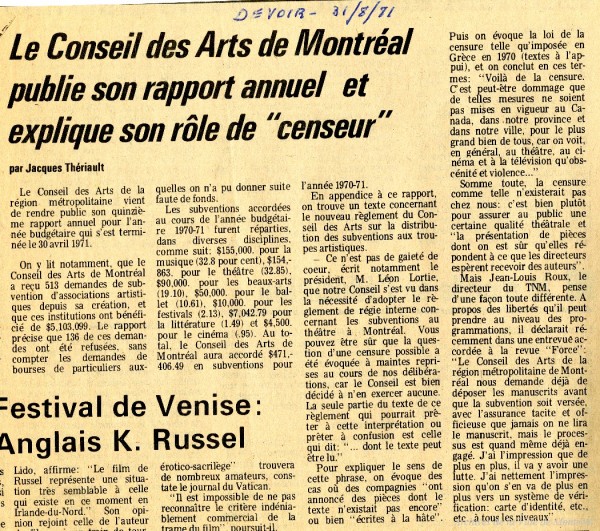 Article du Devoir portant sur le rôle de « censeur » du Conseil des arts de Montréal. – 31 août 1971. Archives de la Ville de Montréal. VM118-05_04P005