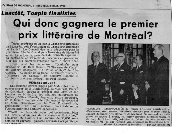 Article du Journal de Montréal « Qui donc gagnera le premier prix littéraire de Montréal? ». – 3 mars 1965. Archives de la Ville de Montréal. VM118-05_06P005