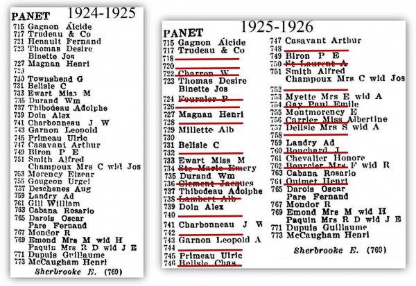 Figure 7. La rue Panet selon les annuaires municipaux de 1924-1925 et de 1925-1926