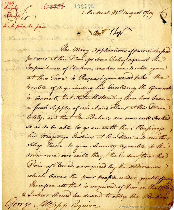 John Burke. - 21 août 1769. Lettre écrite à Montréal par John Burke à George Allsopp au sujet du prix du pain. BM7-1_03P030.