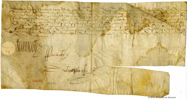 François 1er, roi de France (1515-1547).  Pièce signée en 1546 et contresignée DeLaubepine. BM7-1_11P016.