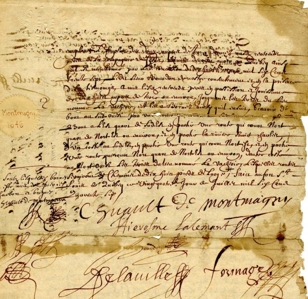 2. Charles Huault de Montmagny, gouverneur de 1636 à 1648. Pièce signée le 24 juillet 1646 : acte de prise de possession par le père Lalemant, pour les jésuites, des terres de Notre-Dame des Anges et la Vacherie concédées par la Compagnie de la Nouvelle-France en 1637. BM7-1_18P023.
En savoir plus
