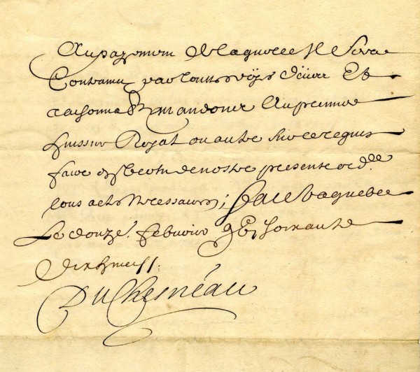 Jacques Duchesneau,  intendant de 1675 à 1682. Pièce signée le 12 février 1679 : interdiction de tenir cabaret dans la paroisse de Laprairie. BM7-1_09P010.
https://www.biographi.ca/fr/bio/duchesneau_de_la_doussiniere_et_d_ambault_jacques_1F.html