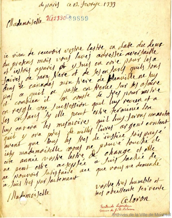 Jean-Baptiste Celoron. – 1733-1737. Lettre écrite à Montréal par Jean-Baptiste Céloron, sieur de Blainville, né à Montréal en 1696, marié en 1730 avec Suzanne Piot de Langloiserie. BM7-1_04P021.