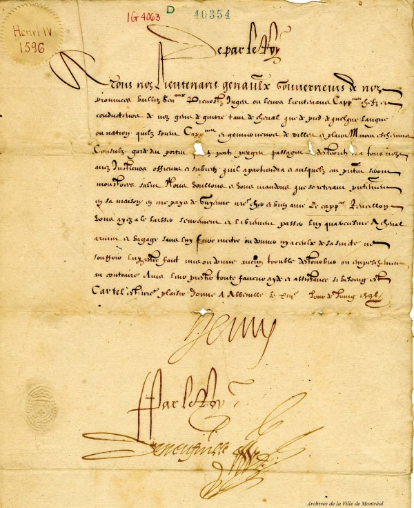 Henri IV, roi de France (1589-1610) après avoir été roi de Navarre. Pièce signée le 5 juin 1596 : congé et passeport pour le capitaine Pénisson. BM7-1_13P015.