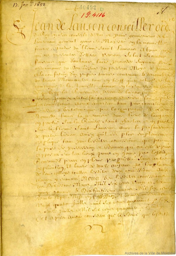 4. Jean de Lauzon, gouverneur de la Nouvelle-France de 1651 à 1657. Pièce sur velin signée en 1652. BM7-1_15P023.
En savoir plus