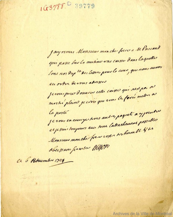 Michel Bégon, intendant de 1710 à 1726. Lettre adressée en 1724 à son frère, intendant de Rochefort. BM7-1_02P014. 
https://www.biographi.ca/fr/bio/begon_de_la_picardiere_michel_3F.html