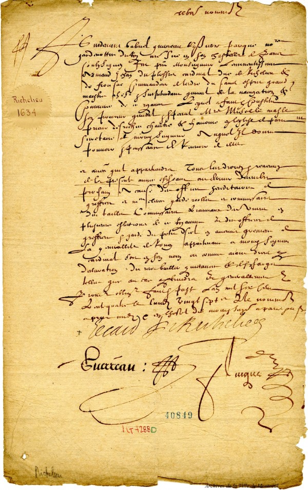 Armand du Plessis, cardinal de Richelieu. – 1634. Pièce signée d'Armand du Plessis, cardinal de Richelieu, premier ministre de Louis XIII (1624-1642). Vice-roi de la Nouvelle-France de 1628 à 1642. BM7-1_22P012. Archives de la Ville de Montréal.