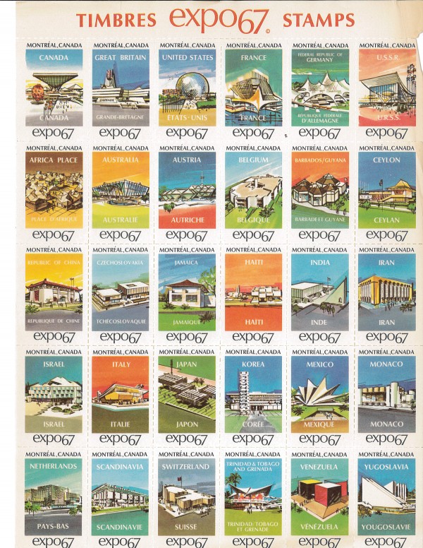 Timbres promotionnels - Expo 67. Tirés du Guide éducatif proposé aux enseignants en 1967. Archives de la Ville de Montréal.