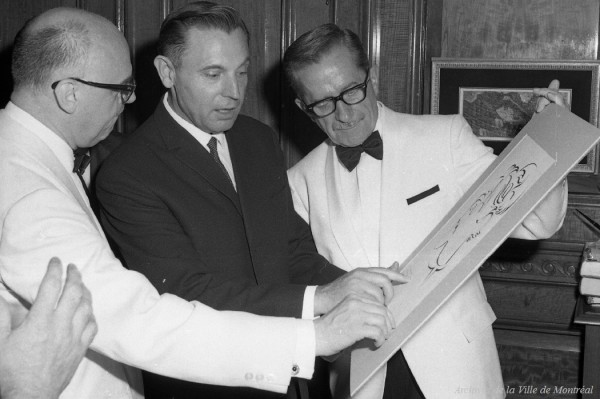 Visite du premier vice-président du Conseil des Ministres de Russie, Dimitri Polyansky (avec le maire Jean Drapeau et  Lucien Saulnier). - 14 août 1967. VM94-X044-040. Archives de la Ville de Montréal.