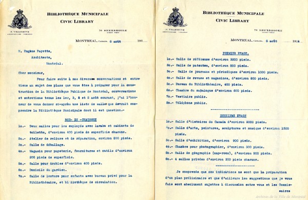 Suggestions du bibliothécaire en chef F. Villeneuve à l’architecte E. Payette au sujet de la nouvelle bibliothèque. 6 août 1914. BM060-3-2_004-001. Archives de la Ville de Montréal.
