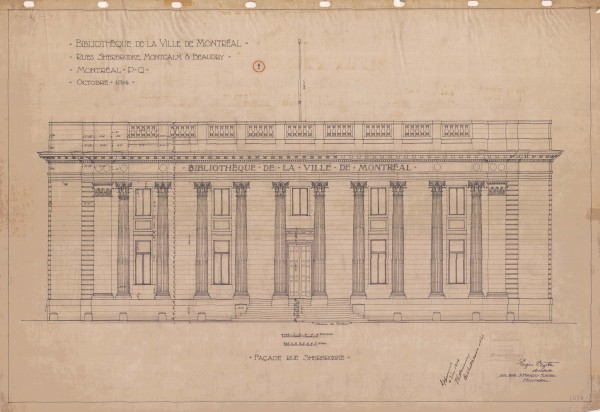 Plan de construction de la Bibliothèque de la Ville de Montréal : façade, rue Sherbrooke. Par Eugène Payette, architecte. 1914. VM116-1_0039-B-1029-001. Archives de la Ville de Montréal.