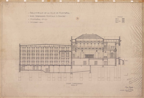 Plan de construction de la Bibliothèque de la Ville de Montréal : coupe. Par Eugène Payette, architecte. 1914. VM116-1_0039-B-1029-009. Archives de la Ville de Montréal.