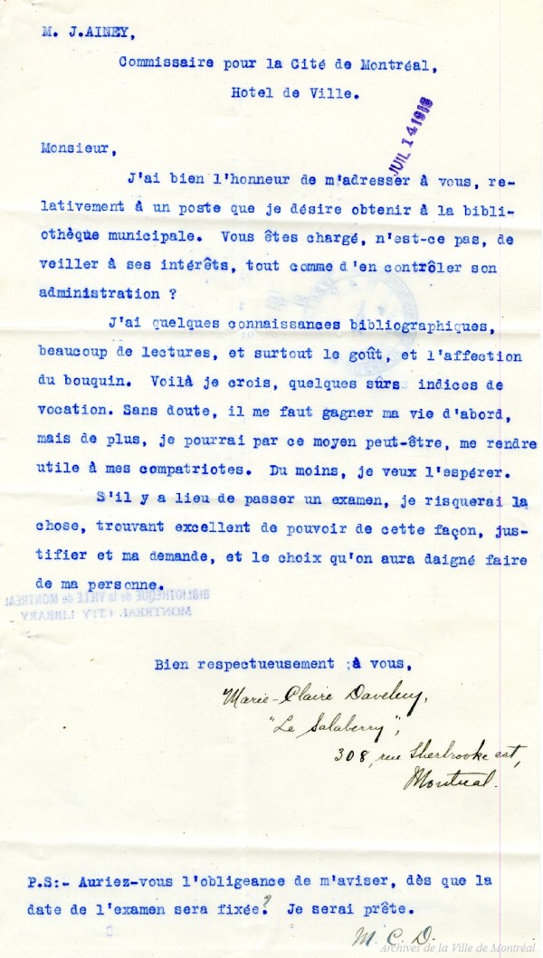 Lettre de candidature de Marie-Claire Daveluy pour un poste à la nouvelle bibliothèque (1916). Elle deviendra bibliothécaire-adjointe de la bibliothèque centrale, historienne, et écrivaine. Elle co-fondera l’École des bibliothécaires (affiliée à l’UdeM) en 1937. BM060-2-1_001-003. Archives de la Ville de Montréal.