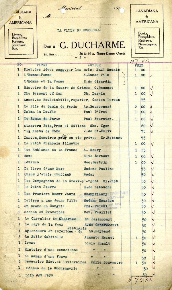 Extrait d’une liste de livres achetés pour la bibliothèque en 1917. BM060-3-1_004-001. Archives de la Ville de Montréal.