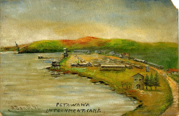 Peinture du camp d'internement de Petawawa, où est prisonnier Camillien Houde. - 17 novembre 1942. O. Bend. P146-3-4-D5. Archives de la Ville de Montréal.