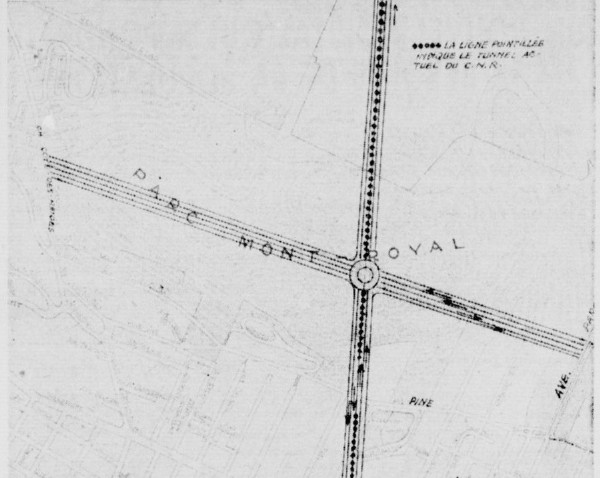 Plan des deux tunnels proposés sous le mont Royal. Image tiré d'un article du journal La Patrie du 26 mars 1950. 