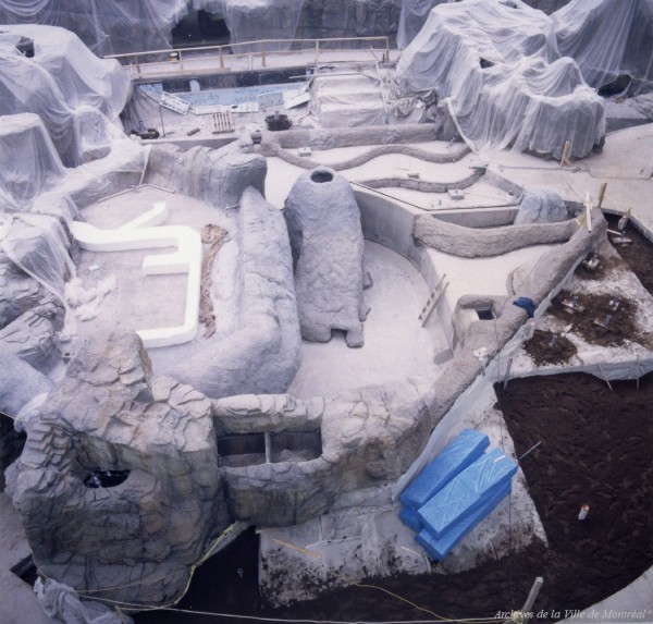 Chantier du Biodôme de Montréal; construction de l’habitat des castors dans l’Érablière des Laurentides. – [1992]. - VM168-Y-3_24-019. - Archives de la Ville de Montréal.