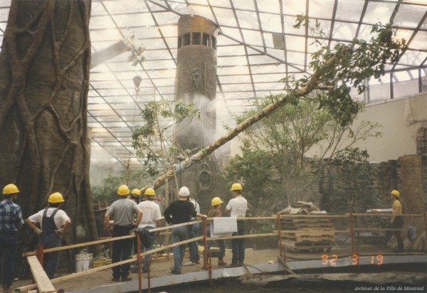 Chantier du Biodôme de Montréal; plantation de la Forêt tropicale humide. – 19 mars 1992. - VM168-Y-3_24-016. - Archives de la Ville de Montréal.
