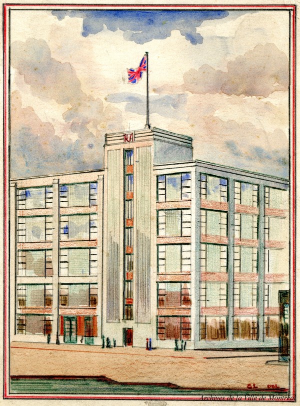 Dessin d'architecture réalisé par Walter Kenneth Gordon Lyman, architecte montréalais responsable de la portion de l'édifice RCA située sur la rue Lacasse et bâtie en 1943. P500-10_001-001. Archives de la Ville de Montréal.