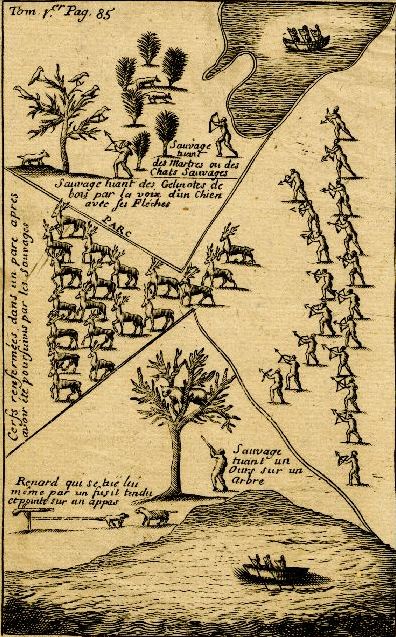 Techniques de chasse autochtones, gravure tirée des Voyages de Lahontan, vers 1703. Archives de la Ville de Montréal, BM005-3-D18-P043.