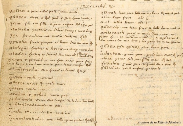 Vocabulaire Huron – Français, par Pierre-Philippe Potier, entre 1744 et 1752. Archives de la Ville de Montréal, BM007-1-D36 [extrait, p. 3].