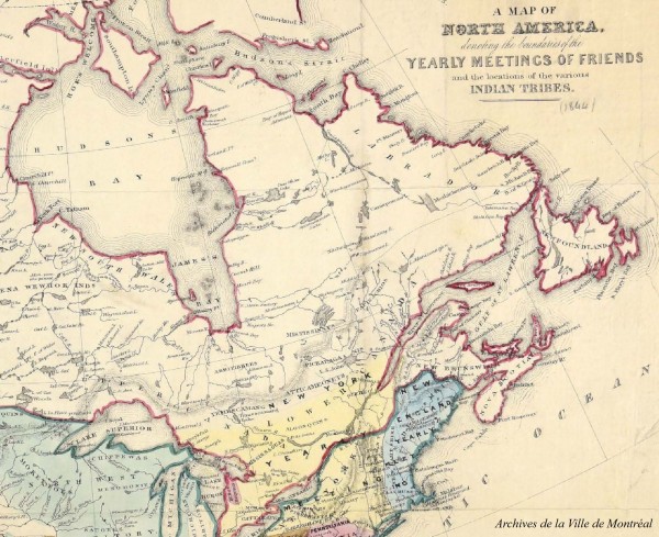 Carte de l’Amérique du Nord situant plusieurs groupes autochtones et les régions des rencontres annuelles, vers 1844. Archives de la Ville de Montréal, BM005-3-D01-P012 [extrait].
