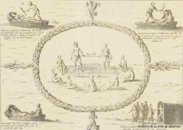 Mariage chez les peuples autochtones, vers 1720. Archives de la Ville de Montréal, BM007-2-D15-P007 [extrait]. 