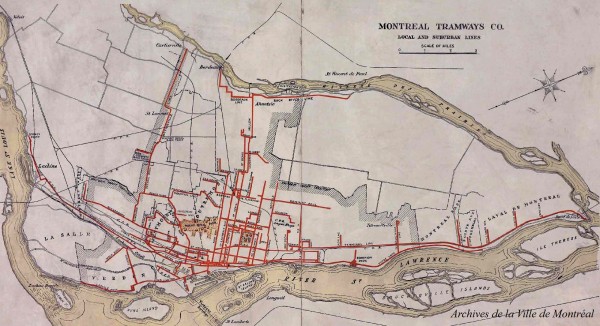 Le réseau de tramways à Montréal en 1924. VM66-6P013. AVM.