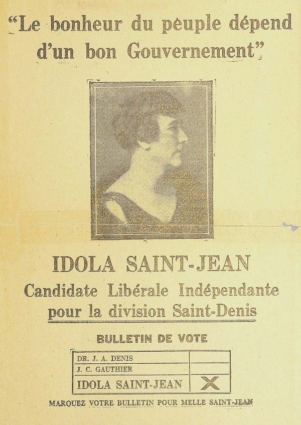 Affiche d'Idola Saint-Jean en tant que candidate libérale indépendante aux élections fédérales canadiennes de 1930