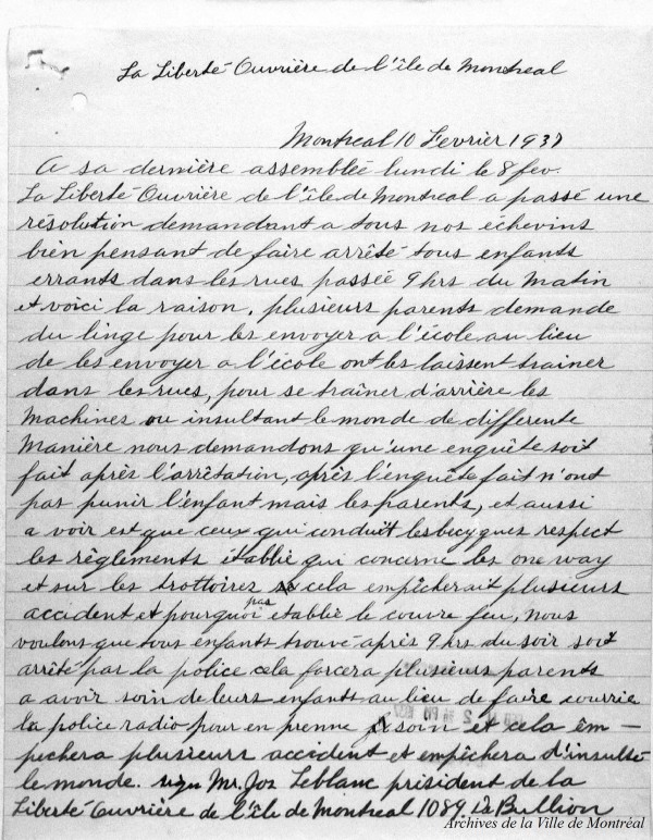 Lettre de la Liberté ouvrière de l'île de Montréal, en faveur du couvre-feu. 1937. VM001-3-2_003631. AVM.