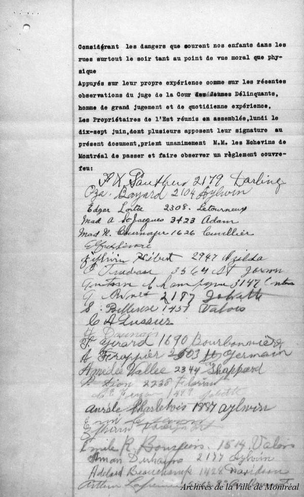 Pétition des propriétaires de l'Est en faveur du couvre-feu. 1937. VM001-3-2_003631. AVM.