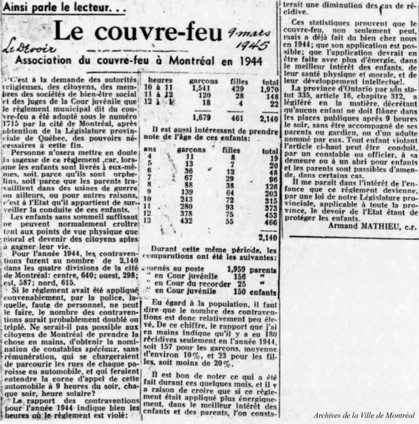 Statistiques sur l'application du couvre-feu. 1944. VM166-D00273-3. Archives de la Ville de Montréal.