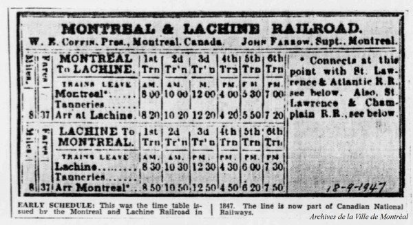 Horaire du Montreal and Lachine Railroad. 1847. VM166-D01217-3. AVM.
