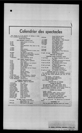 Calendrier préliminaire. - 2 juin 1971. VM166-D23555-1-A. Archives de la Ville de Montréal.