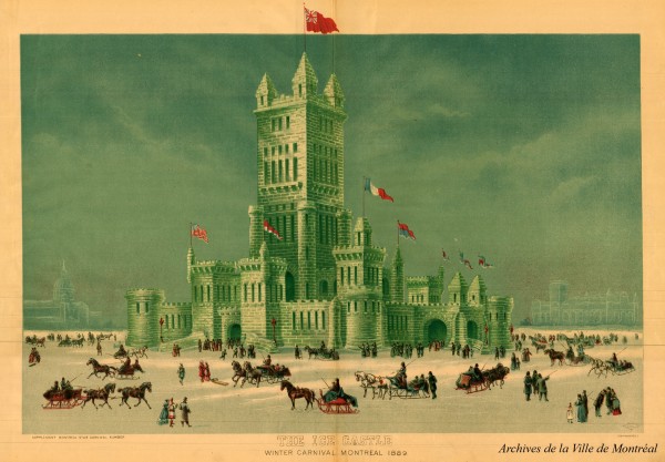 Illustration du château de glace lors du carnaval d'hiver de Montréal, en 1889. VM166-D01995-1-1-040. Archives de la Ville de Montréal.