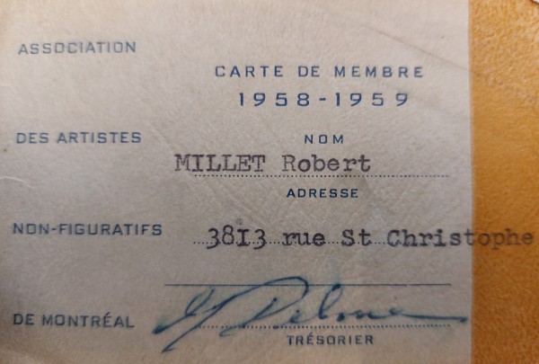 Carte de membre de Robert Millet, Association des artistes non figuratifs. - 1958-1959. P179-01-D001-P001. AVM