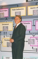 Gérald Tremblay, ministre de l'Industrie, du commerce et de la technologie au gouvernement du Québec, présentant le projet des grappes industrielles. - [199-].  P151-Y-D001-004. Archives de la Ville de Montréal