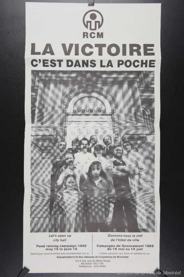 Affiche électorale du Rassemblement des citoyens de Montréal (RCM). - 1982. P178-02-08-D007-001. Archives de la Ville de Montréal