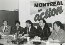 Conférence du presse du RCM, avec Michel Lemay, Diane Martin, Jean Doré, André Lavallée et Léa Cousineau. - 1986. Archives de la Ville de Montréal