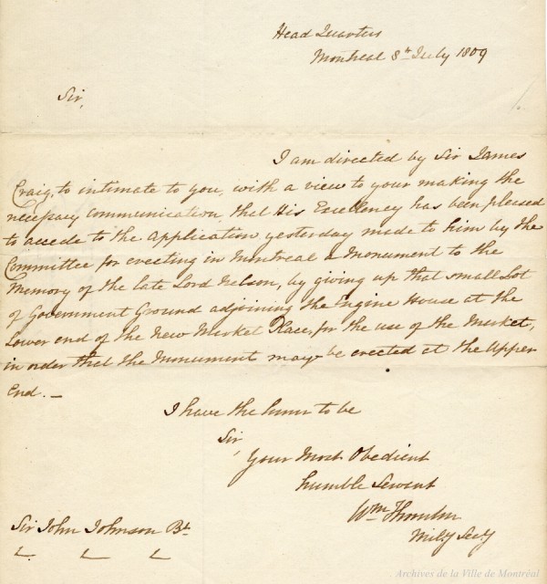 Correspondance sur la mise en place du monument Nelson sur la place-Jacques-Cartier (New Market Place). – 1809. VM035-3-2-D003 p3. AVM.