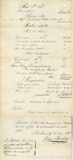 Coûts des réparations aux ponts Saint-Antoine et Prudhomme à Montréal. Estimé établi par Louis Charland, inspecteur des grands chemins, rues et ruelles de Montréal. – 15 juin 1811. VM035-3-2-D005 pp18-19. AVM.