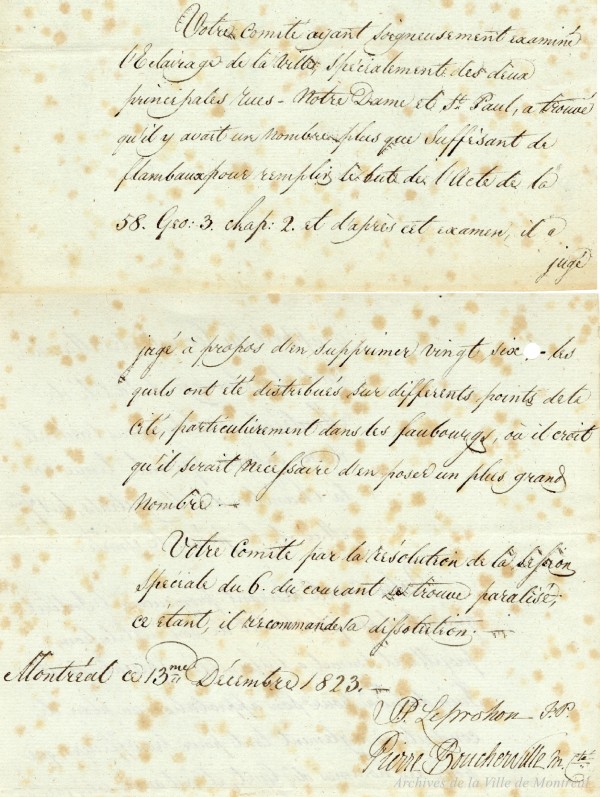 Correspondance sur l’éclairage public des rues Notre-Dame et Saint-Paul (lampes à l’huile de baleine). – 13 décembre 1823. VM035-3-2-D009 p9. AVM.